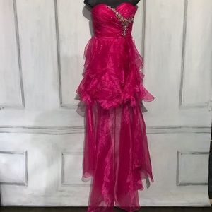 fuchsia strapless high low party dress